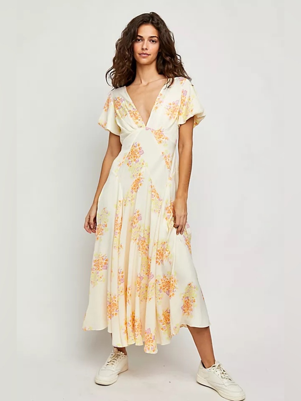 Free People Laura Yellow Floral Print Midi Dress Women's Small Boho Romantic